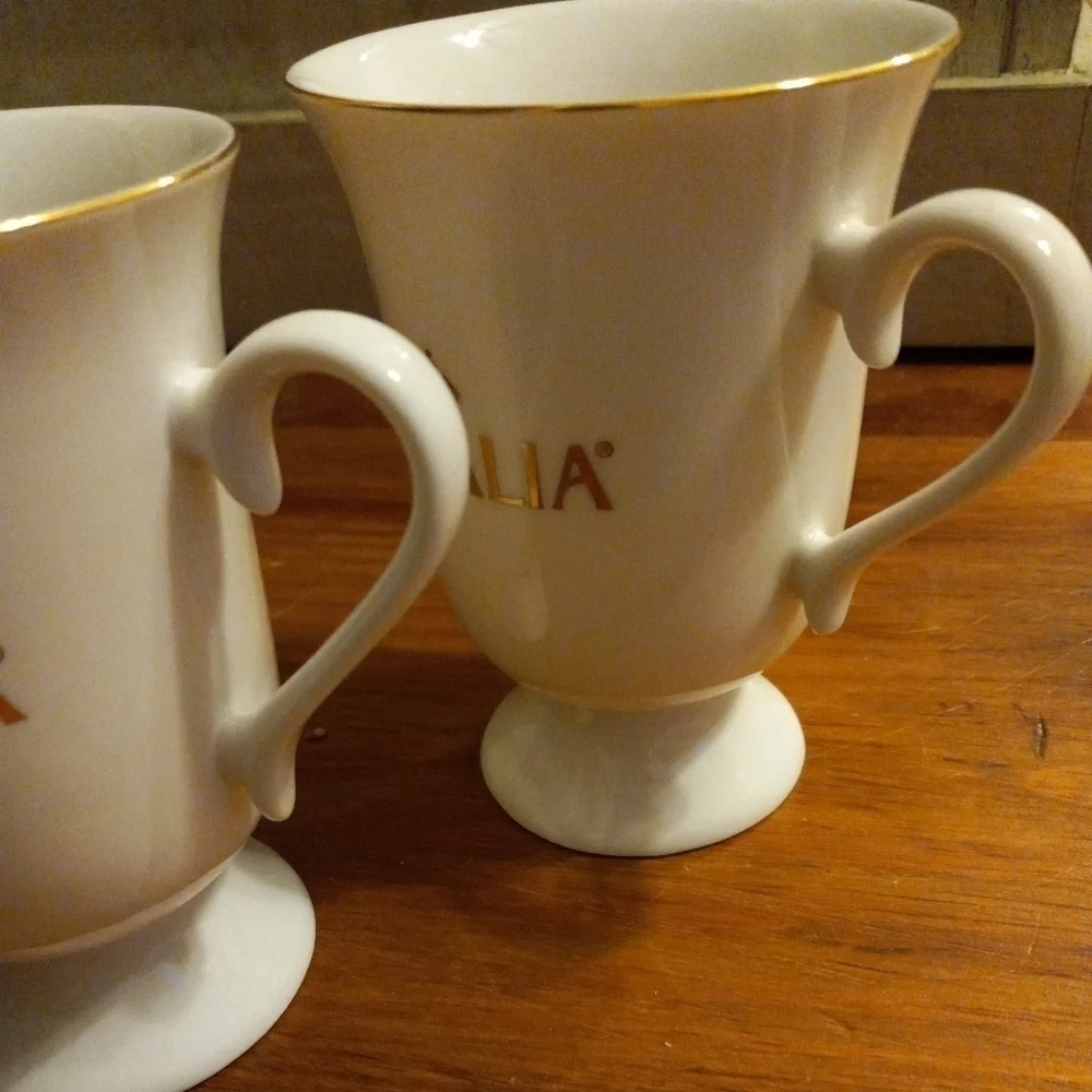 GEVALIA  Pedastal Mugs, Set of Two.  White Ivory Trimmed With Gold.9